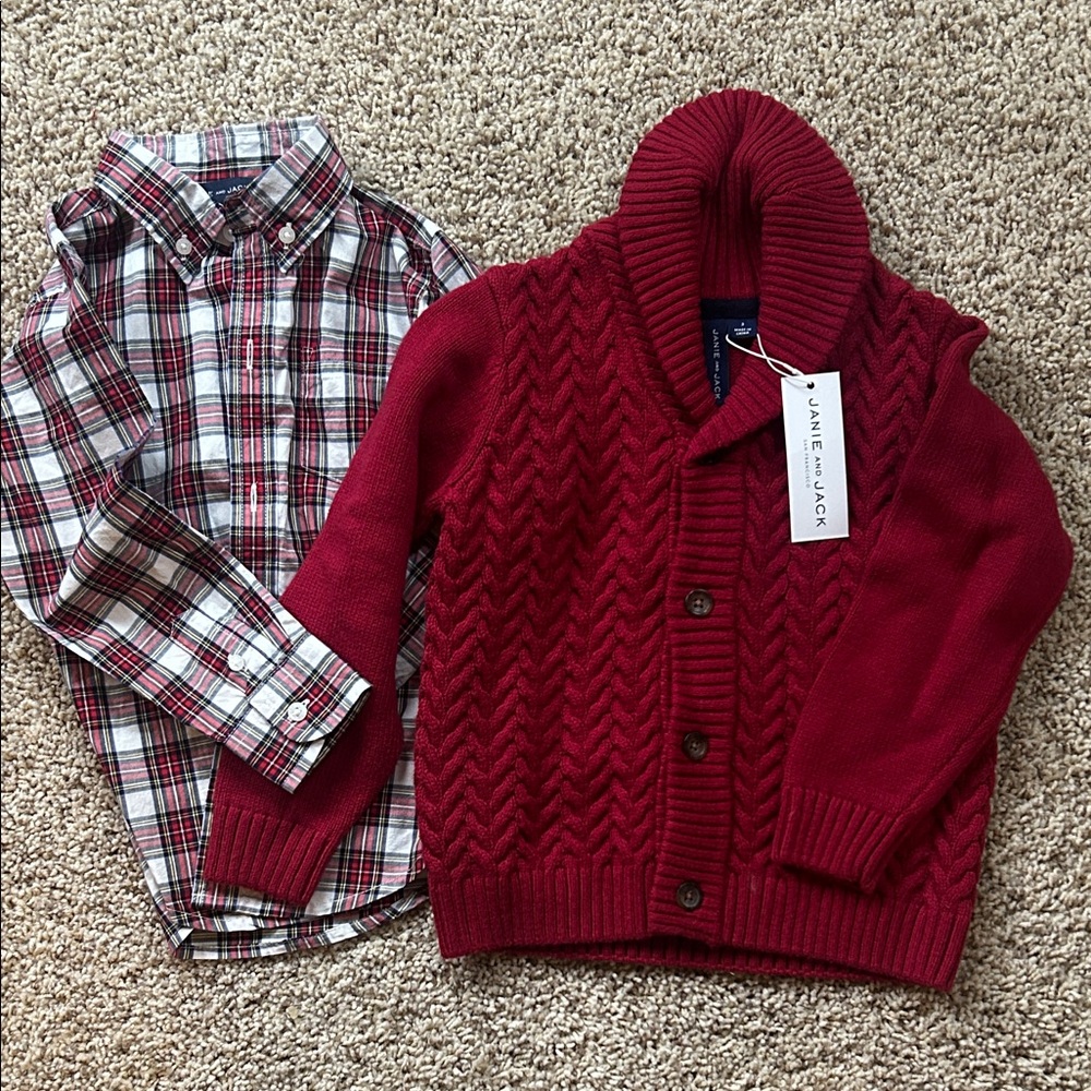 Janie and Jack Red Knit Cardigan and Plaid Shirt